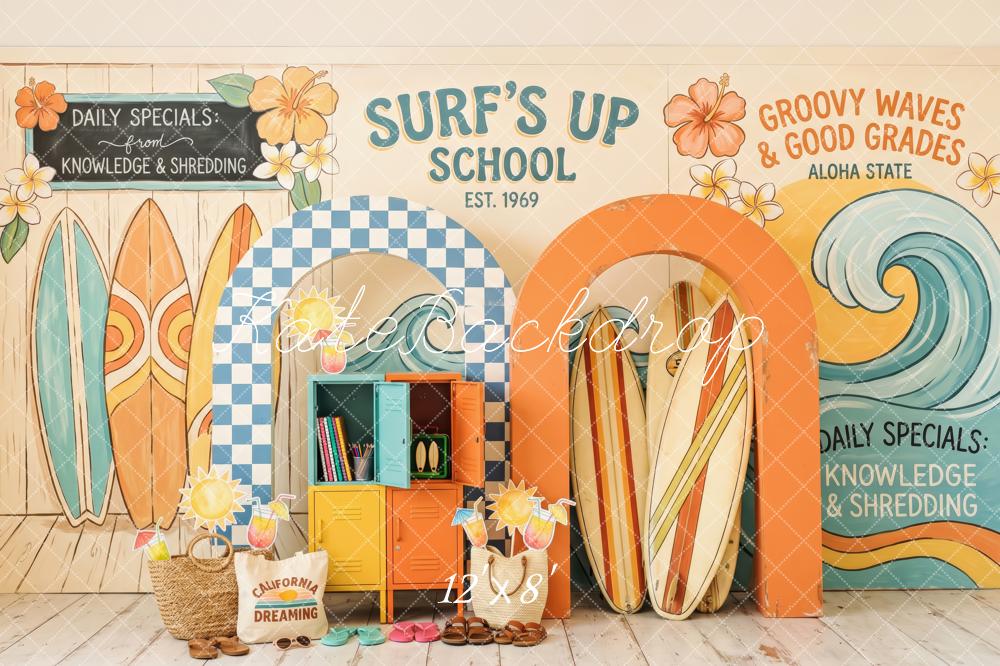 Kate Summer Surf’s Up School Surfboards Wave Arches Printed Backdrop Designed by Patty Roberts