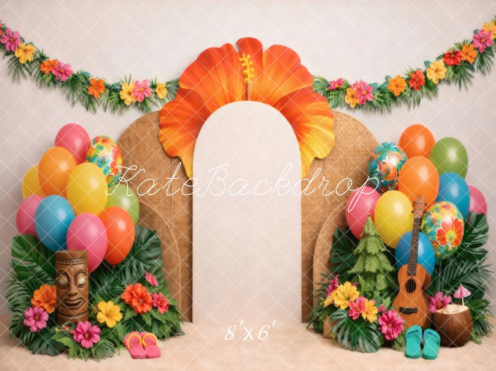 Kate Summer Party Tropical Flower Arch Balloons Tiki Hibiscus Printed Backdrop Designed by Vertigo Productions