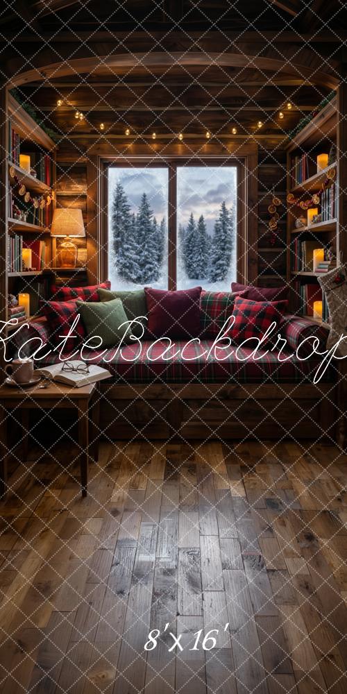 Kate Sweep Cozy Winter Cabin Bookshelves Window Printed Backdrop Designed by Happy Squirrel Design