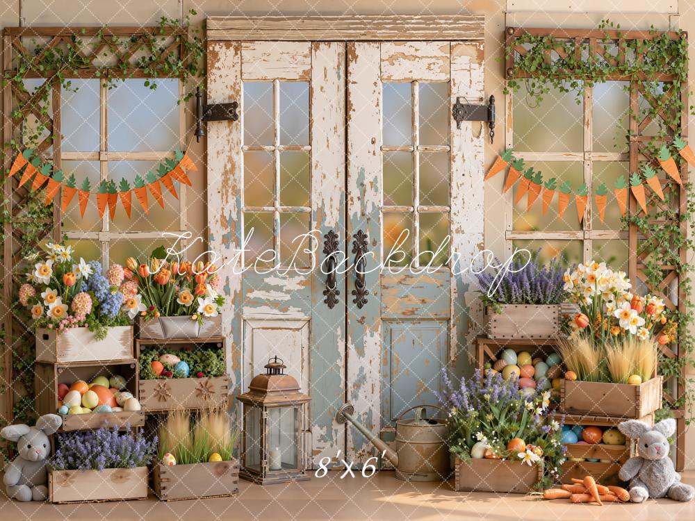 Kate Easter Rustic Wood Door Flowers Bunny Carrots Printed Backdrop Designed by Emetselch