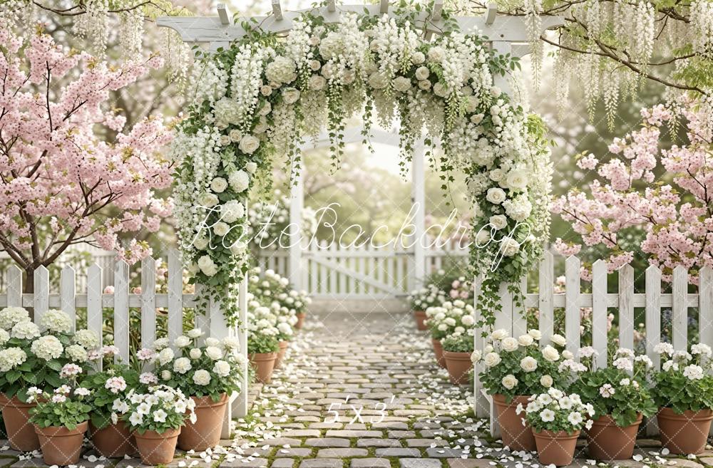 Kate Spring Flower Arch White Roses Cobblestone Path Garden Printed Backdrop Designed by Emetselch