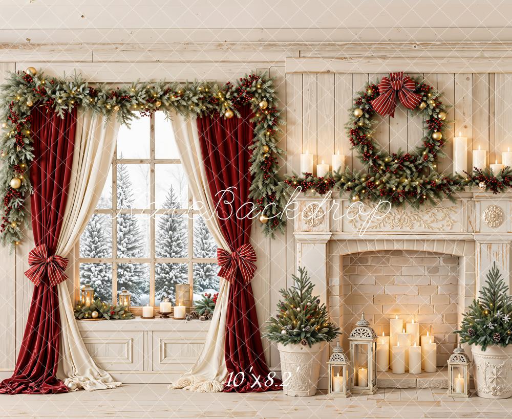 Kate Christmas Fireplace Wreath Window Red Curtains Garland Printed Backdrop Designed by Emetselch