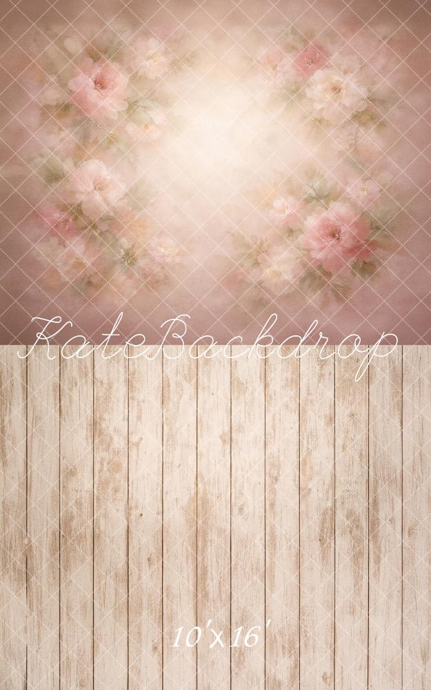 TEST Kate Sweep Pink Floral Wall Beige Wood Floor Printed Backdrop Designed by Mandy Ringe Photography