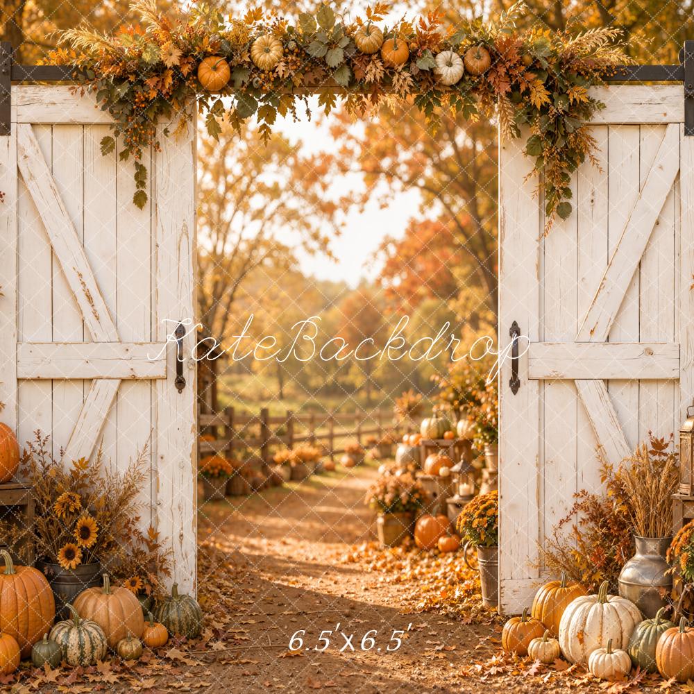 Kate Fall White Barn Door Pumpkin Floral Path Printed Backdrop Designed by Emetselch