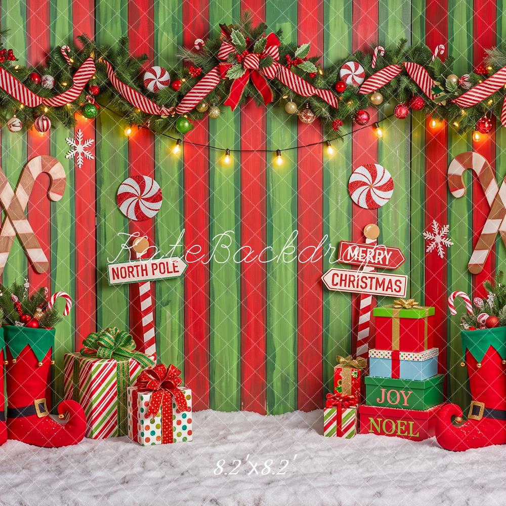 Kate Christmas Candy Cane Garland Elf Boots Striped Printed Backdrop Designed by Angela Miller