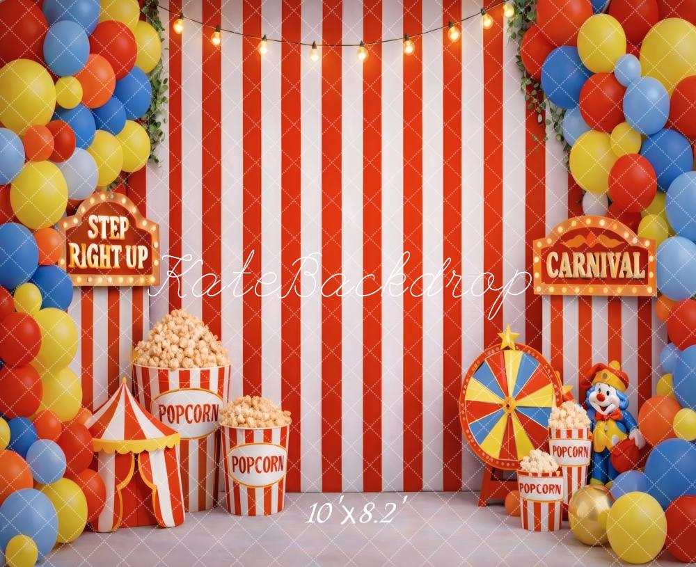 Kate Carnival Red White Stripes Balloons Popcorn Clown Printed Backdrop Designed by Vertigo Productions