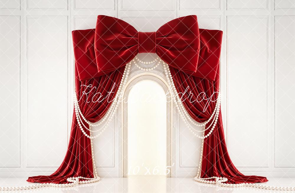 Kate Red Bow Drapes Pearls Arch Wall Backdrop Designed by Emetselch