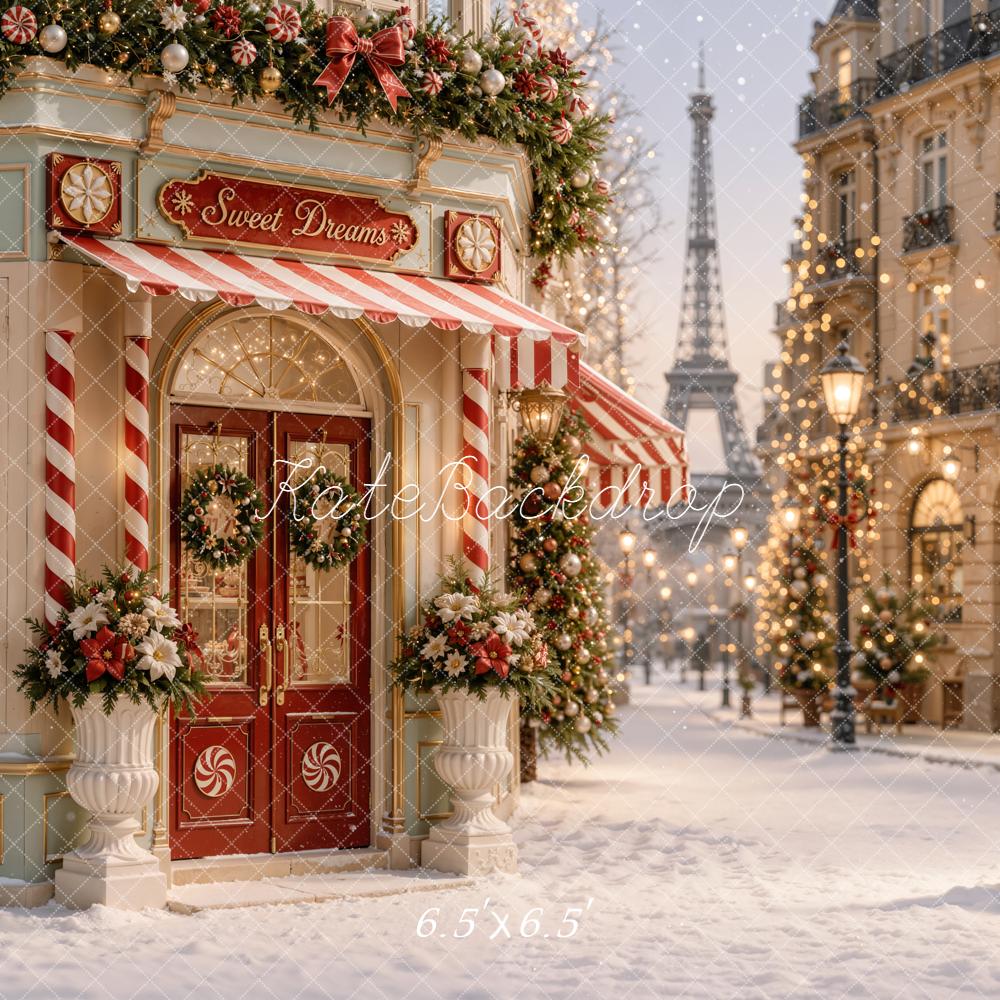 Kate Christmas Paris Candy Shop Snowy Street Printed Backdrop Designed by Emetselch