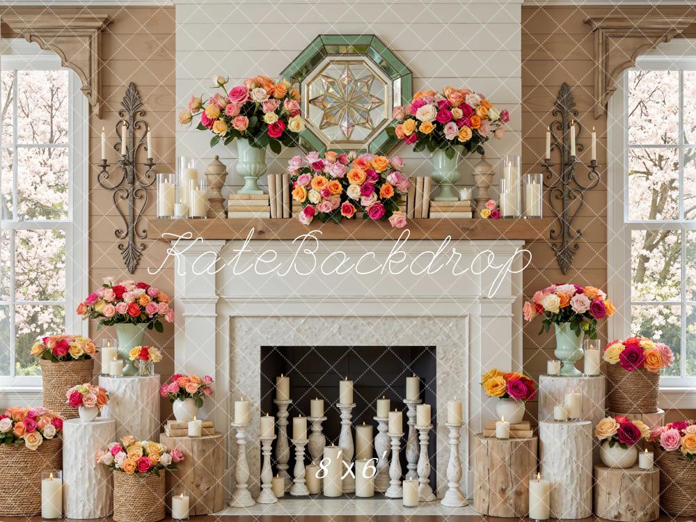 Kate Spring Fireplace Floral Roses Candles Printed Backdrop Designed by Mini MakeBelieve