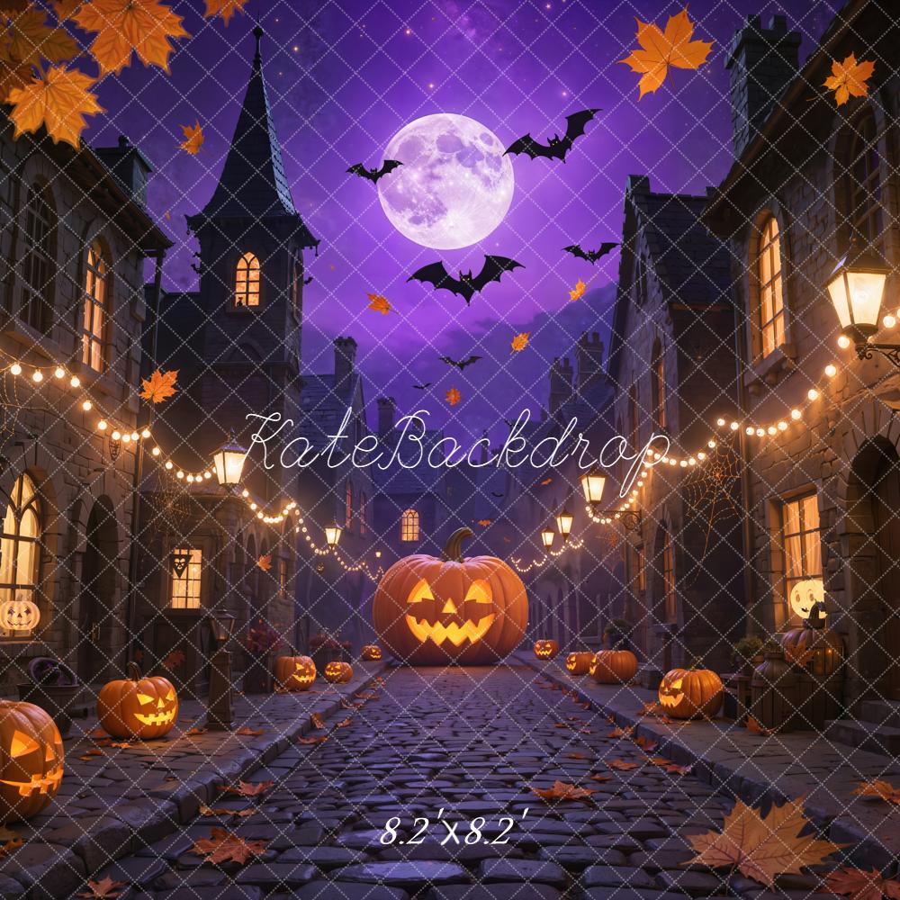 Kate Halloween Night Pumpkin Street Bats Backdrop Designed by Emetselch