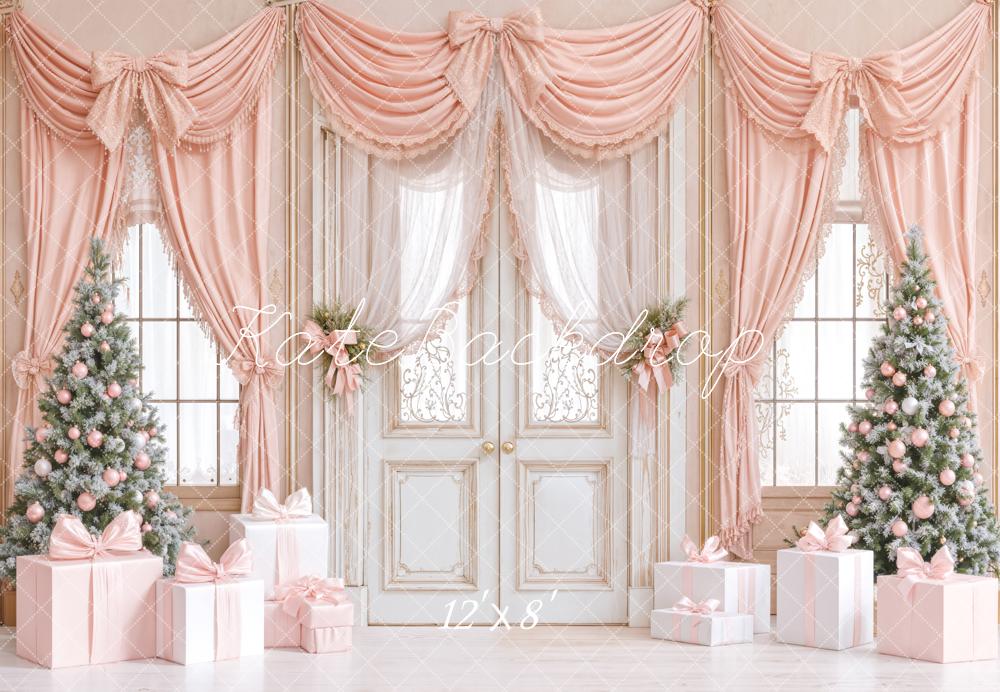 Kate Christmas Elegant Pink Curtains Gifts Trees Backdrop Designed by Emetselch