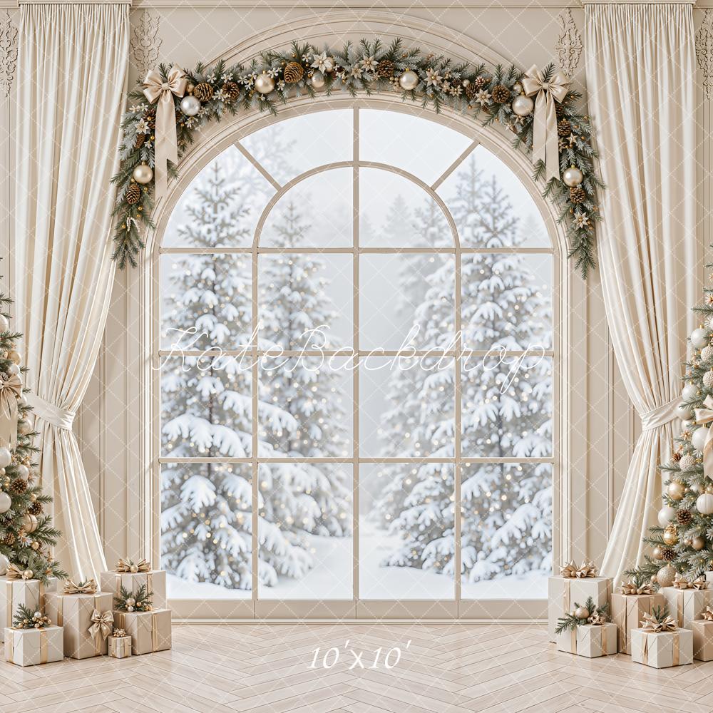 Kate Christmas Window Trees And Gifts Printed Backdrop Designed by Emetselch