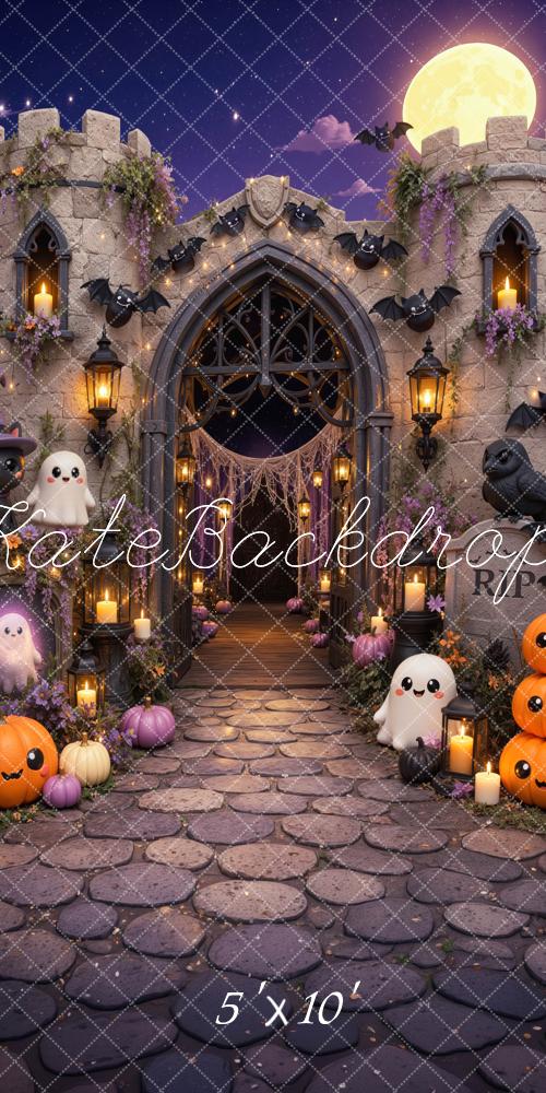 Kate Halloween Trunk or Treat Cute Castle Ghosts Pumpkins Bats Printed Backdrop Designed by Mini MakeBelieve