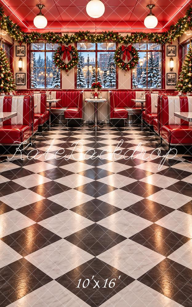 Kate Sweep Christmas Red Diner Checkerboard Floor Printed Backdrop Designed by Vertigo Productions