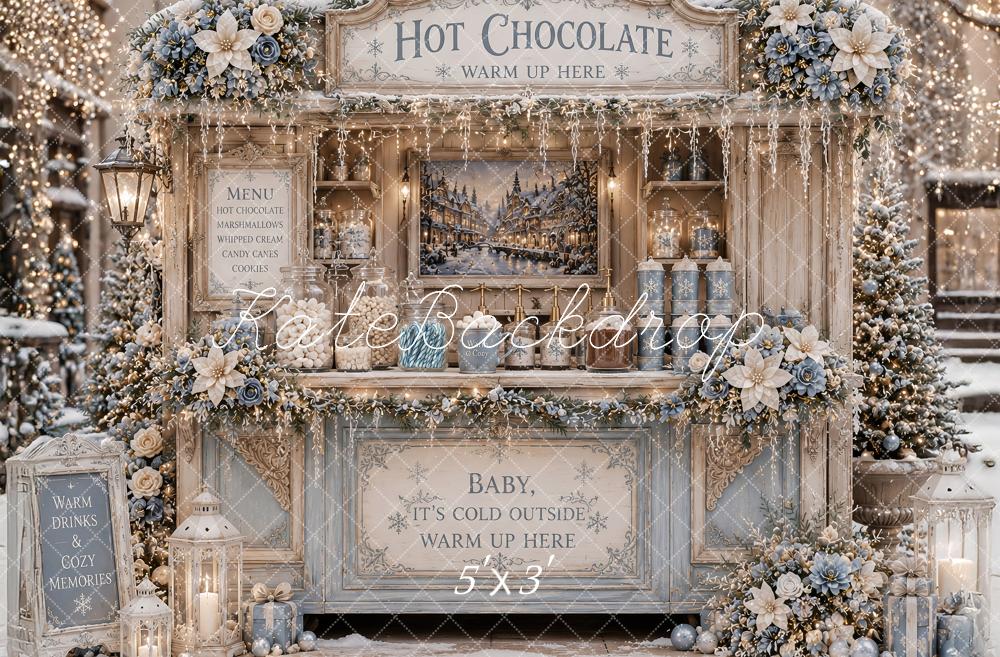 Kate Christmas Hot Chocolate Stand Snowy Floral Stand Blue Printed Backdrop Designed by Ashley Paul