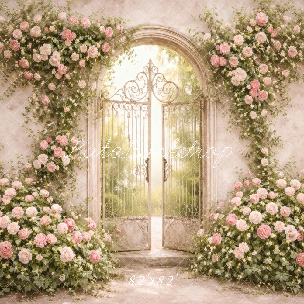 Kate Spring Flower Arch Iron Gate Pink Roses Printed Backdrop Designed by Vertigo Productions