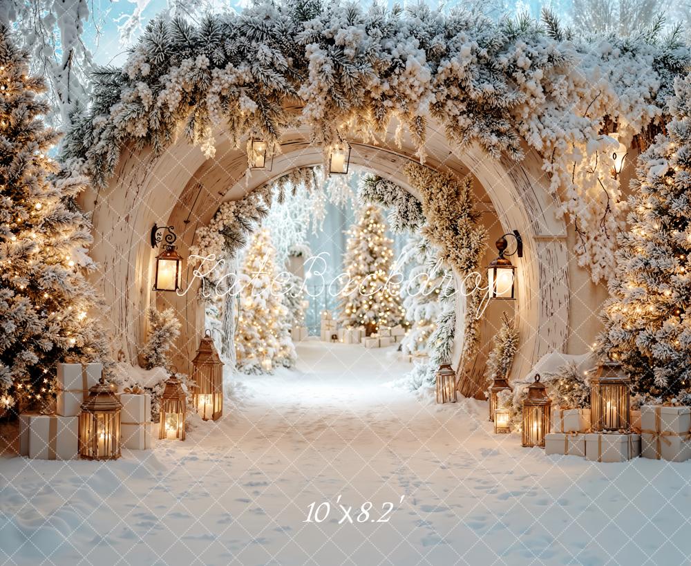 Kate Christmas Snowy Archway Lanterns Pine Trees Backdrop Designed by Emetselch