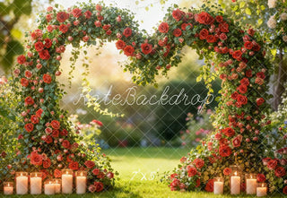 Kate Valentines Flower Arch Heart Shape Red Roses Candles Garden Printed Backdrop Designed by Emetselch