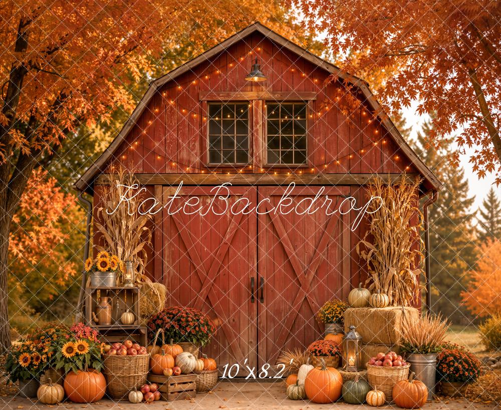 Kate Fall Red Barn Pumpkins Sunflower Lantern Harvest Forest Printed Backdrop Designed by Emetselch