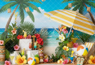 Kate Summer Beach Palm Trees Flowers Umbrella Printed Backdrop Designed by Emetselch