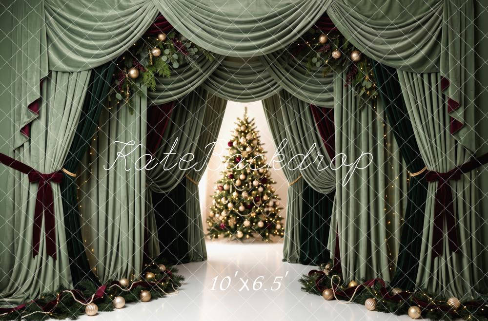 Kate Christmas Green Curtains Drapery Christmas Tree Printed Backdrop Designed by Patty Roberts