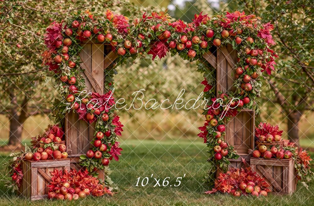 Kate Fall Apple Orchard Wooden Arch Crates Printed Backdrop Designed by Angela Miller