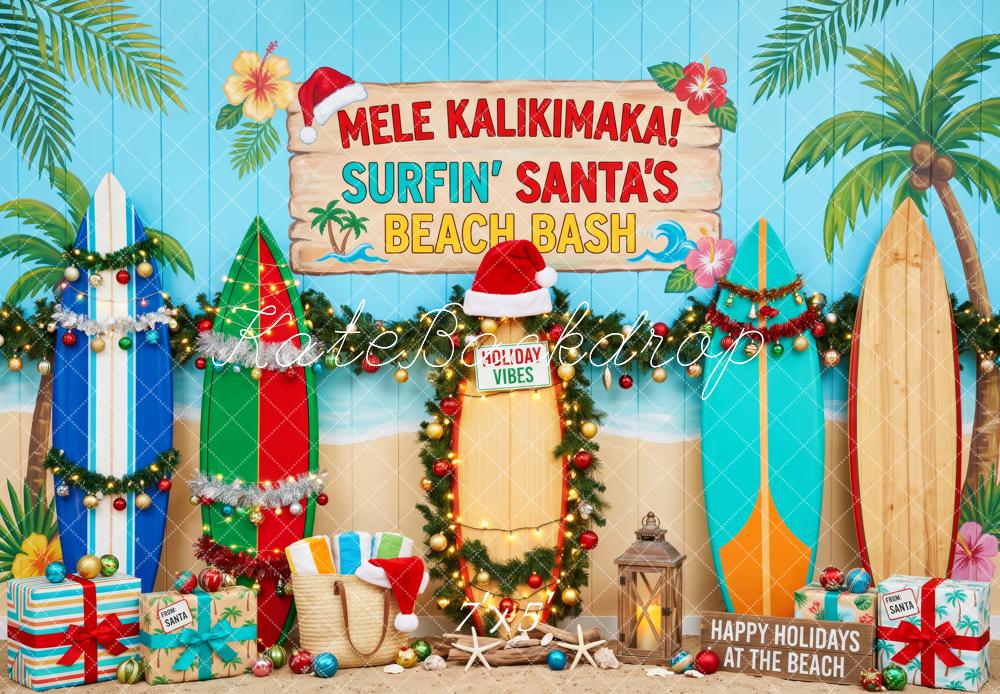 Kate Christmas Surfboards Surfing Santa’s Beach Bash Garland Printed Backdrop Designed by Patty Roberts