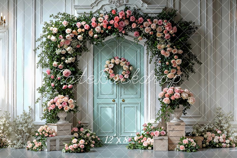Kate Spring Flower Arch Mint Door Floral Crates Backdrop Designed by Mini MakeBelieve