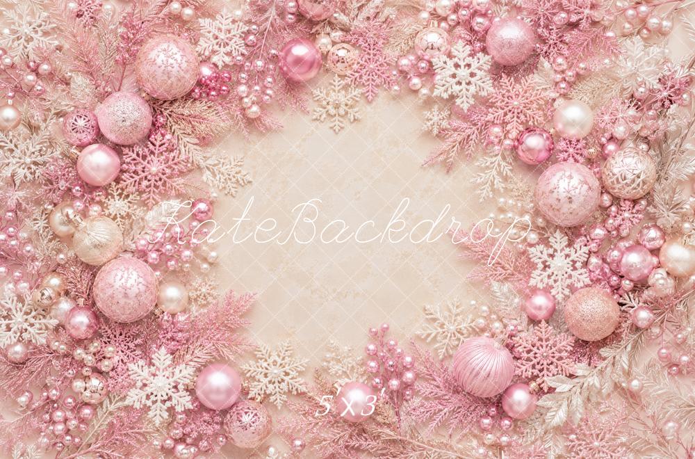 Kate Christmas Pink Ornaments Snowflakes Wreath Printed Backdrop Designed by Megan Leigh Photography