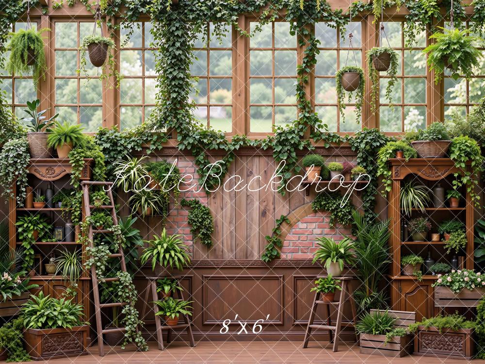 Kate Spring Greenhouse Garden Windows Brick Arch Cabinet Plants Printed Backdrop Designed by Mini MakeBelieve
