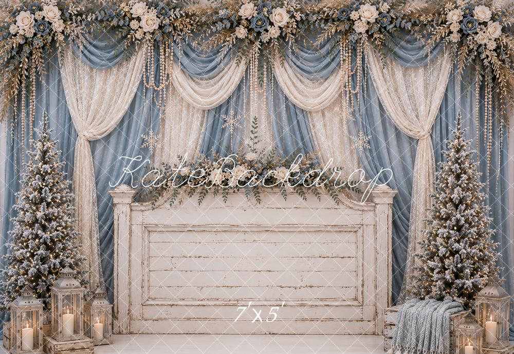 Kate Christmas Headboard Blue Drapes Snowy Christmas Trees Floral Printed Backdrop Designed by Ashley Paul