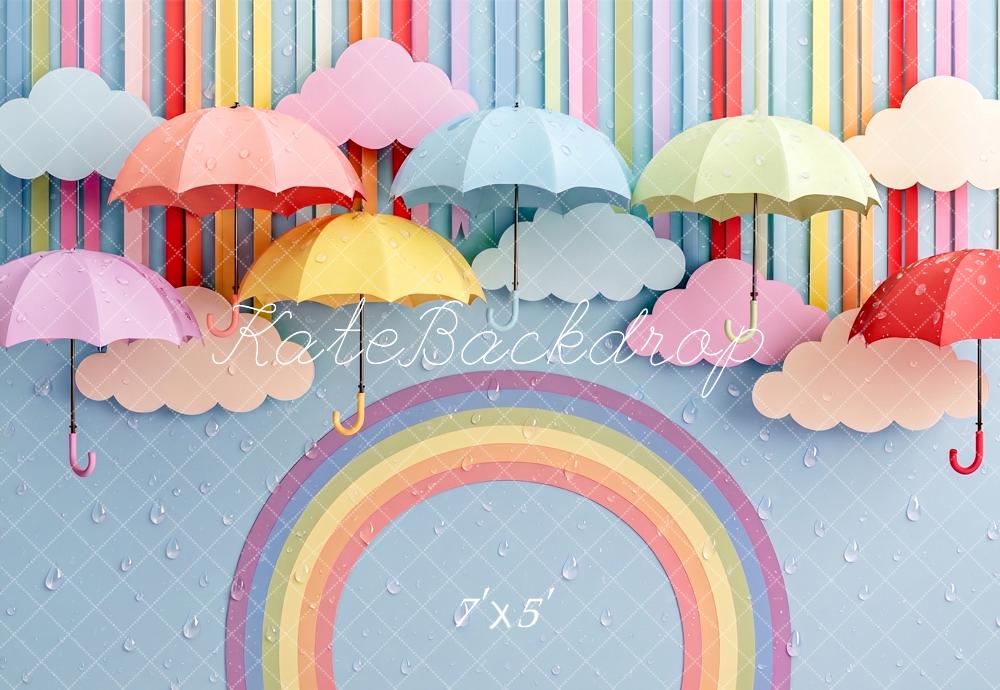 Kate Rainbow Umbrellas Clouds Raindrops Light Blue Printed Backdrop Designed by Angela Miller