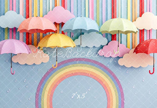 TEST Kate Rainbow Umbrellas Clouds Raindrops Light Blue Printed Backdrop Designed by Angela Miller