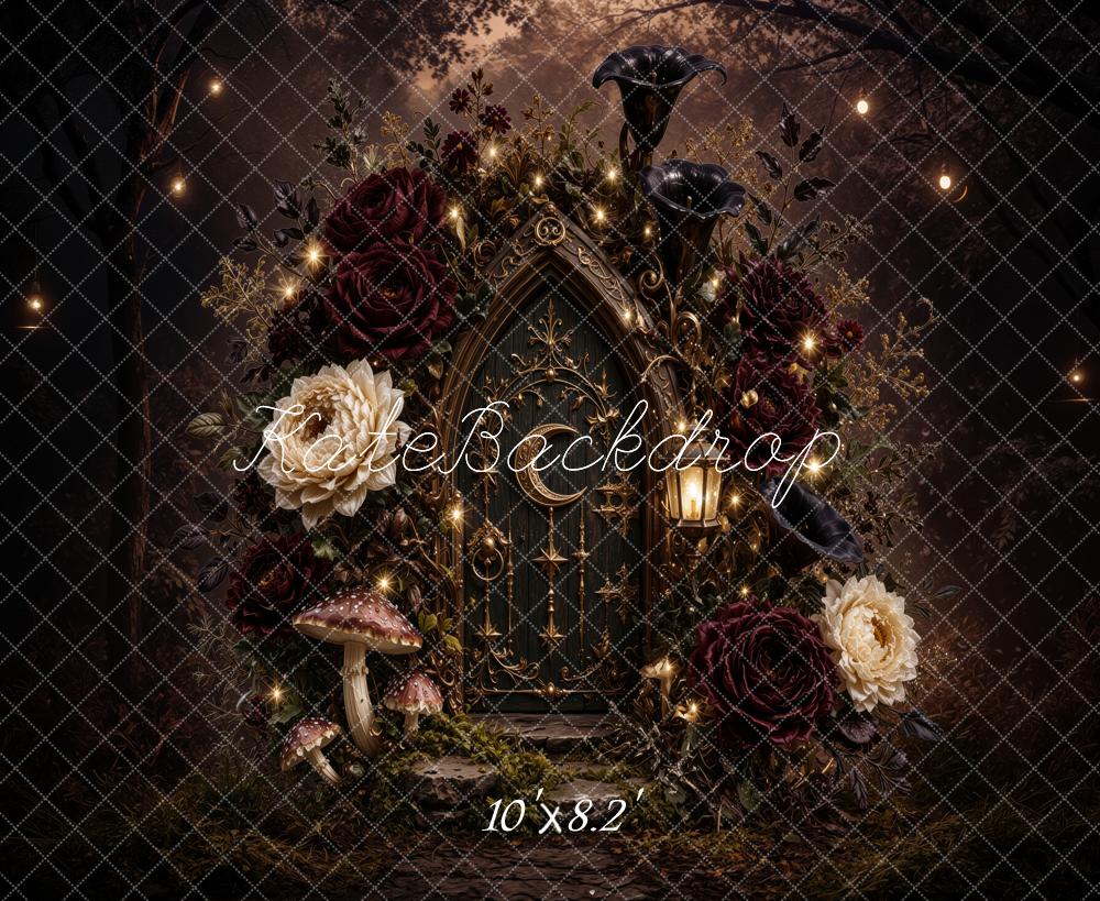 Kate Halloween Gothic Fantasy Floral House Mushrooms Printed Backdrop Designed by Jordan Moon