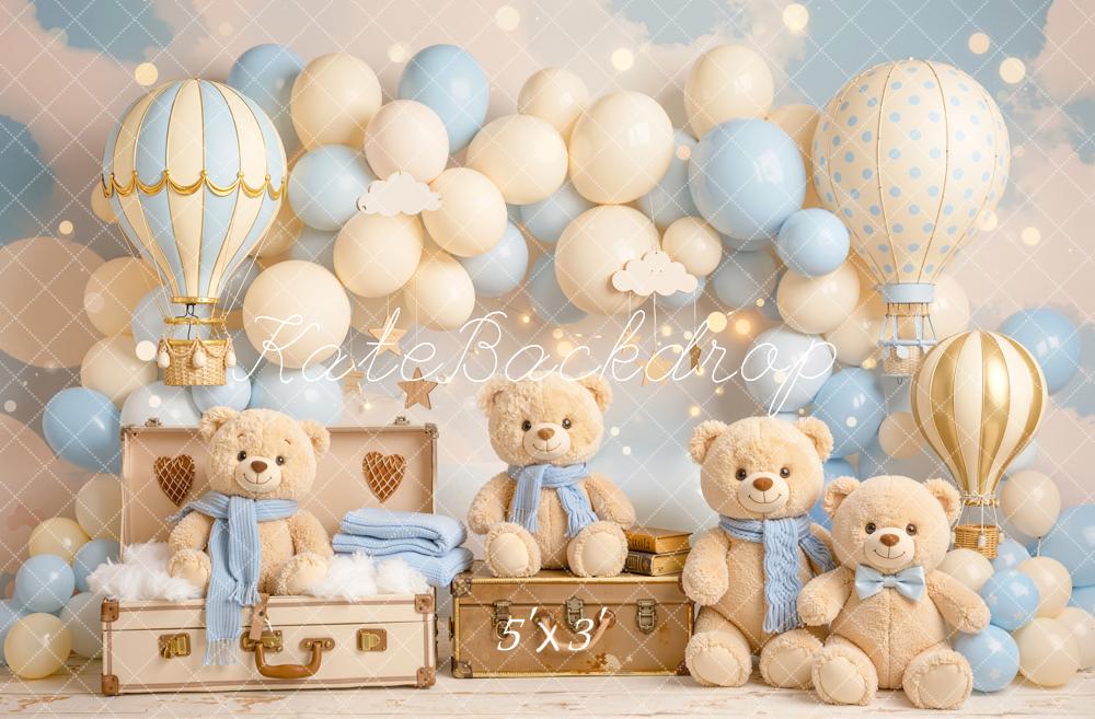 Kate Cake Smash Hot Air Balloon Teddy Bear Balloon Arch Blue Backdrop Designed by Chain Photography