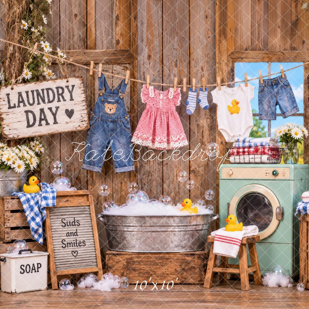 Kate Rustic Laundry Day Kids Clothesline Washing Machine Printed Backdrop Designed by Laura Bybee
