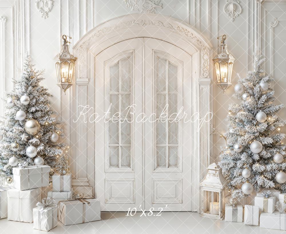 Kate Christmas White Door Frosted Trees Presents Lanterns Backdrop Designed by Emetselch