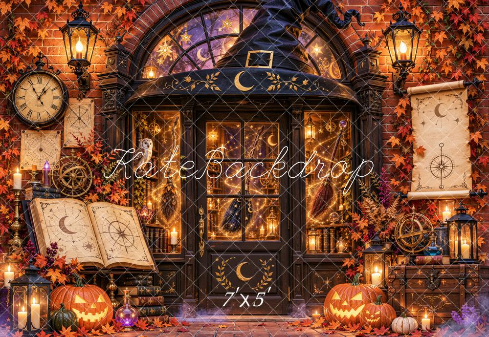 Kate Halloween Magical Apothecary Pumpkin Clock Library Printed Backdrop Designed by Emetselch