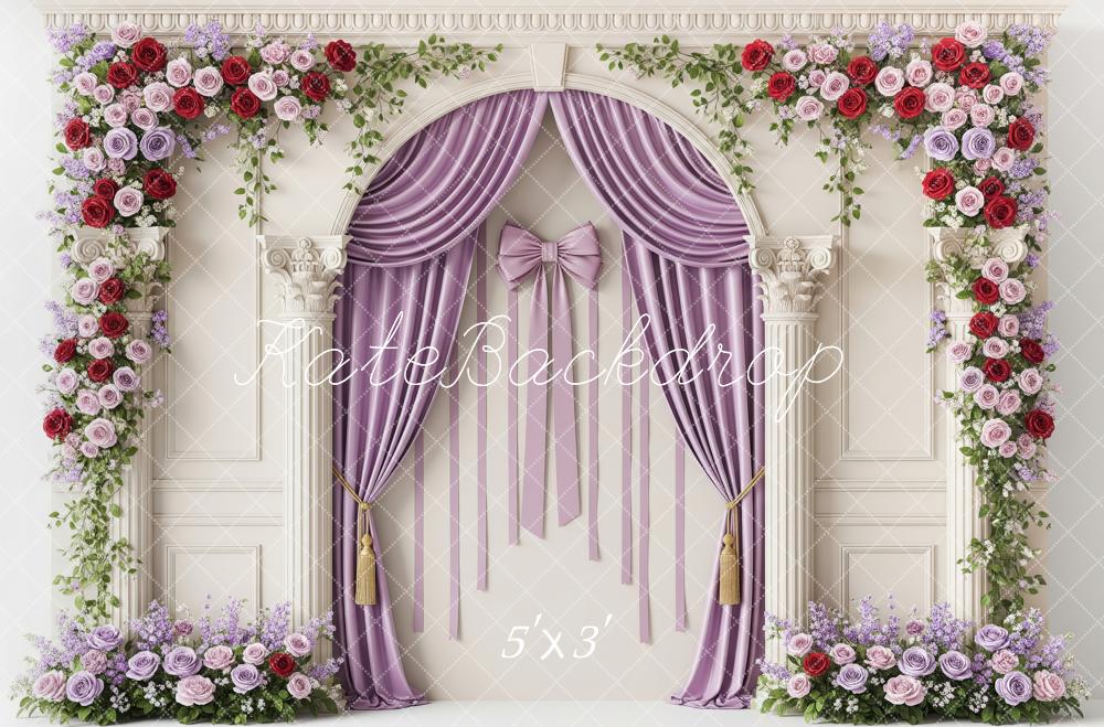 Kate Spring Flower Arch Purple Roses Curtains Columns Backdrop Designed by Patty Roberts