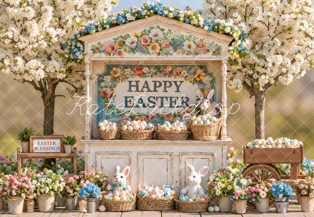 Kate Easter Bunny Floral Market Eggs Baskets Cherry Blossom Printed Backdrop Designed by Emetselch