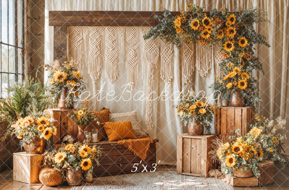 Kate Summer Boho Sunflower Flower Arch Wooden Crates Macrame Printed Backdrop Designed by Emetselch