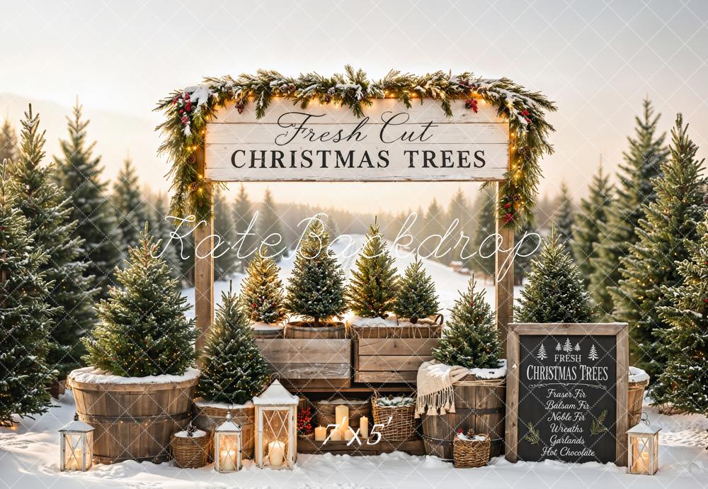 Kate Christmas Trees Stand Snowy Path Printed Backdrop Designed by Emetselch