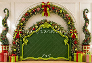 Kate Christmas Headboard Elf Green Garland Presents Printed Backdrop Designed by Shutter Swan Studios