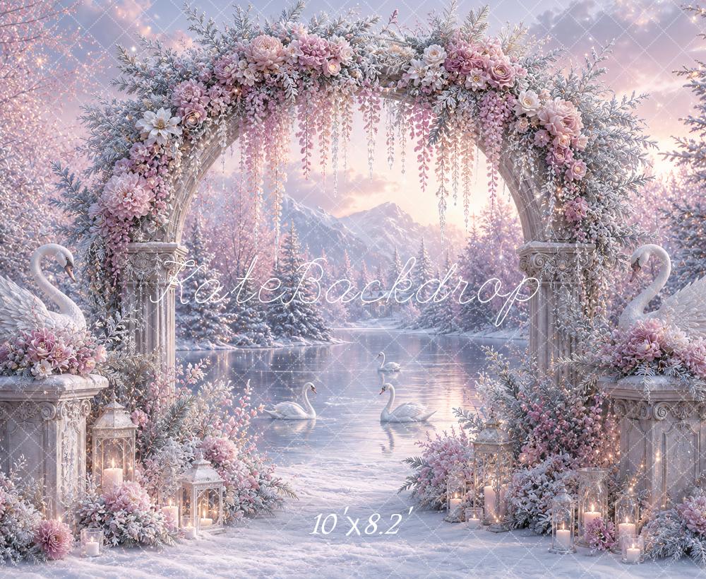 Kate Winter Wonderland Lavender Flower Arch Swan Lake Printed Backdrop Designed by Ashley Paul