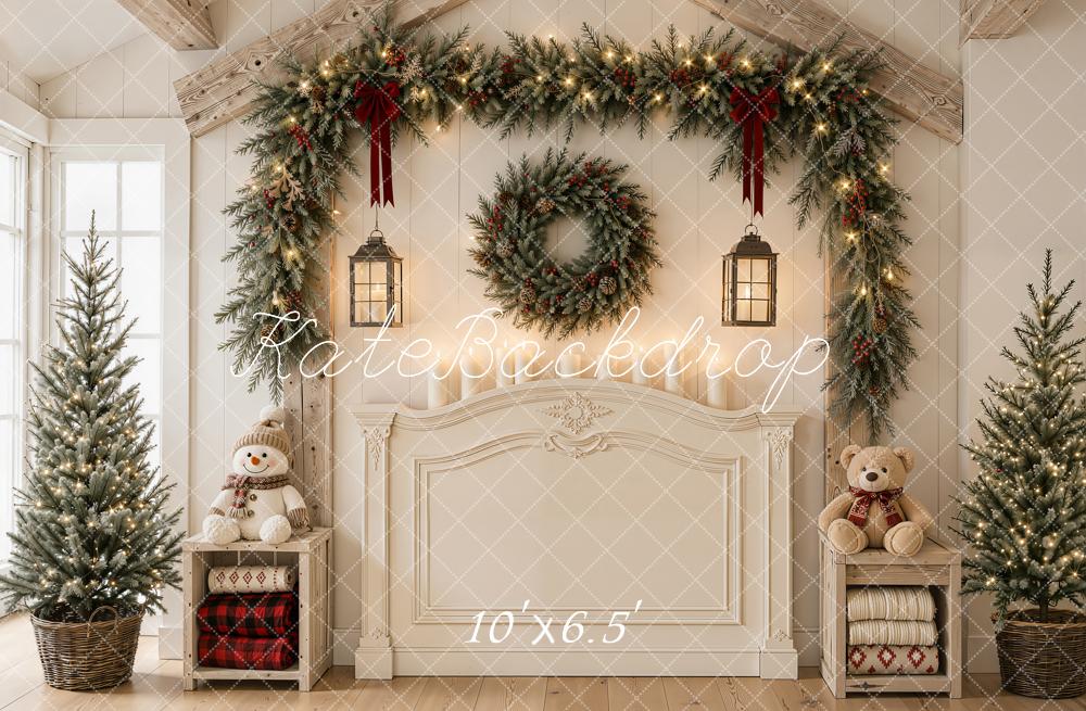 Kate Christmas Headboard Garland Wreath Snowman Trees White Printed Backdrop Designed by Emetselch