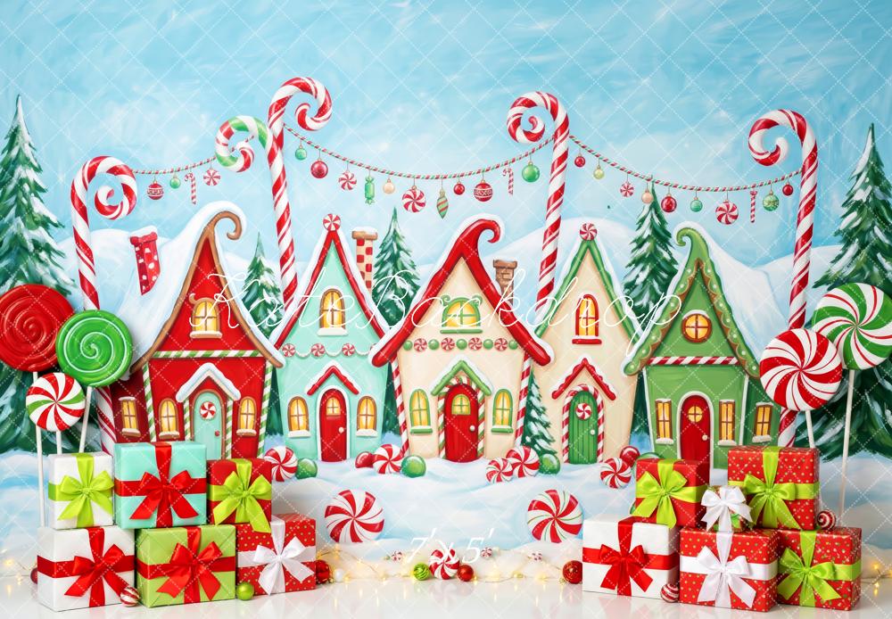 Kate Christmas Whimstical Candy Village Gingerbread Houses Presents Lollipops Printed Backdrop Designed by Patty Roberts
