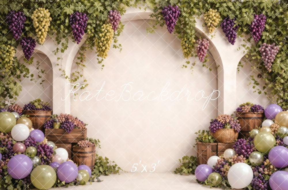 Kate Birthday Grape Vineyard Arch Balloons Crates Balloons Printed Backdrop Designed by Vertigo Productions
