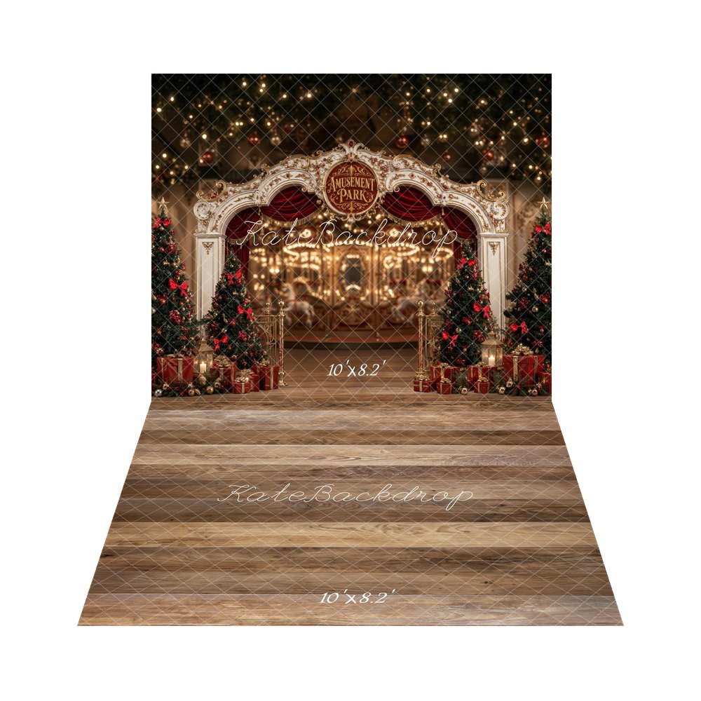 Kate Christmas Amusement Park Archway Christmas Trees Printed Backdrop+Brown Wood Plank Floor Printed Backdrop