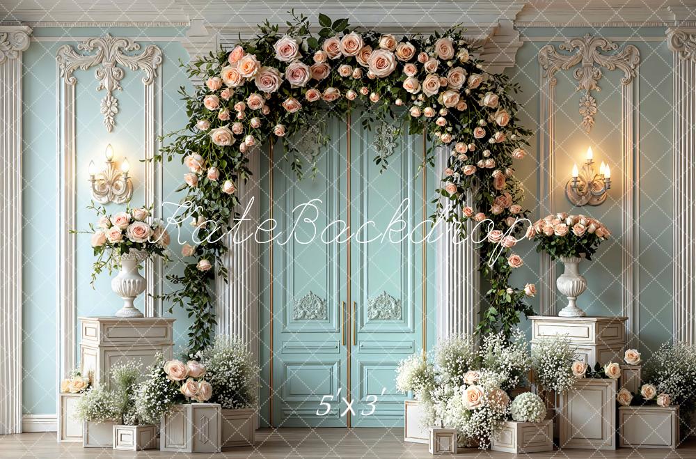 Kate Spring Flower Arch Blue Ornate Wall Printed Backdrop Designed by Mini MakeBelieve