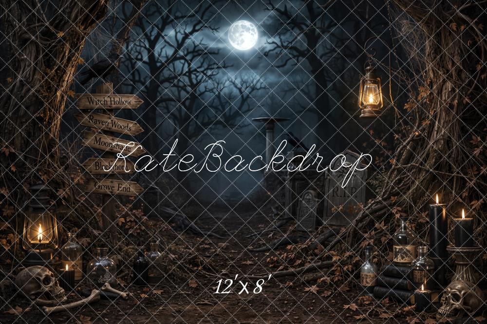 Kate Halloween Dark Forest Moon Graveyard Printed Backdrop Designed by Emetselch